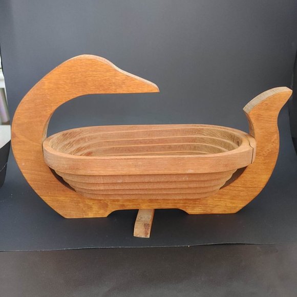 Duck Collapsible Wood Spiral Cut Basket Fruit Bowl Trivet w/ Duck Accent 14.75" - Picture 8 of 9